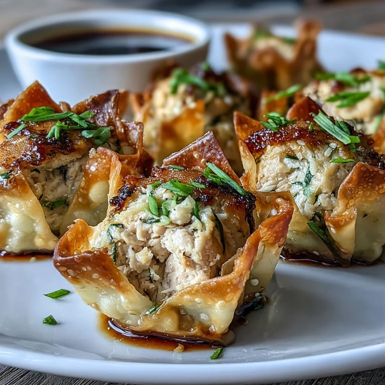 Colorful rice paper-wrapped dumplings filled with seasoned ground chicken, shredded vegetables, and aromatic ginger, served hot with dipping sauce.  