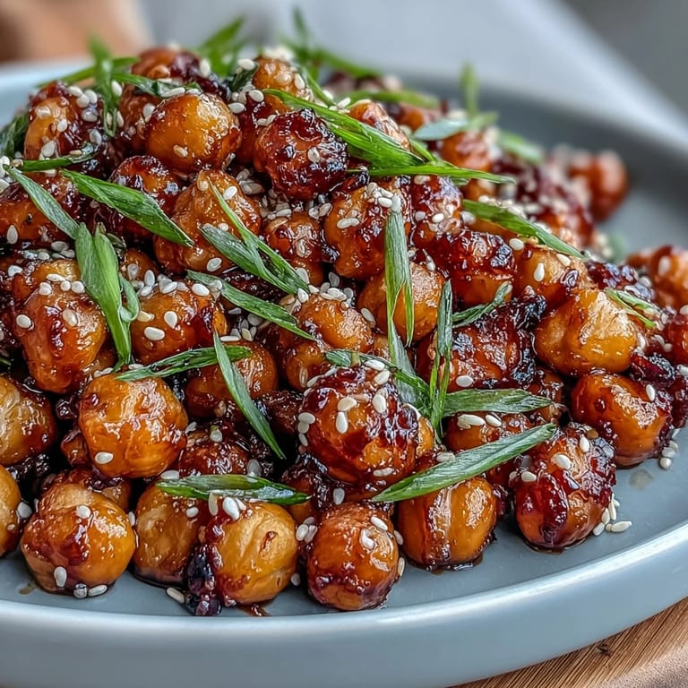 Golden roasted chickpeas in spicy chili-garlic sauce, plated on fluffy jasmine rice with fresh garnishes.  