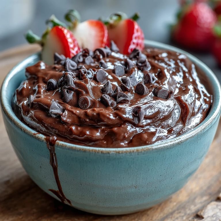 Rich and protein-packed chocolate cottage cheese dip with banana and grape dippers, garnished with extra chocolate chips for indulgence.  