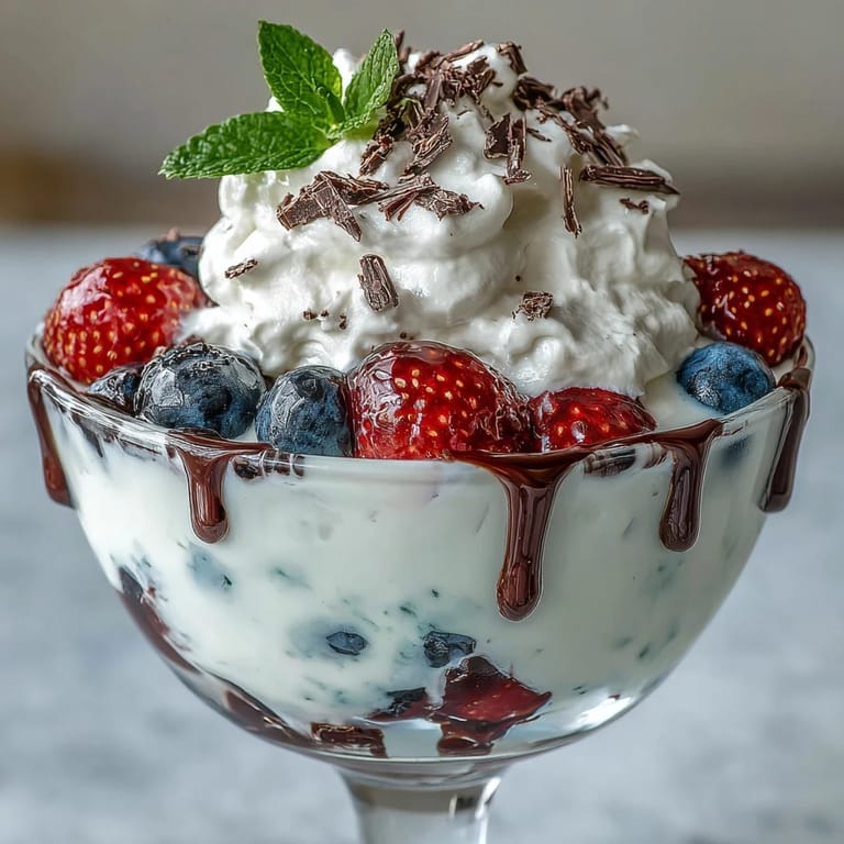Creamy yogurt and vibrant berries topped with dark chocolate shavings, creating an elegant and refreshing Fluffy Yogurt Berry Sundae perfect for dessert.