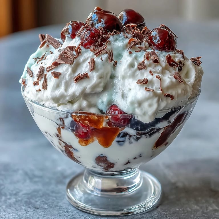 A visually stunning Fluffy Yogurt Berry Sundae with layers of light yogurt, sweet berries, and decadent dark chocolate shavings, garnished with fresh mint.