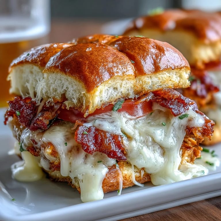 Warm sliders layered with turkey, crispy bacon, tomatoes, and rich cheese sauce, perfect for Kentucky Derby celebrations or game day gatherings.