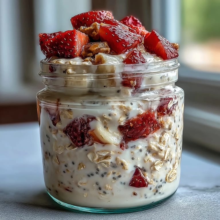 Layered strawberry banana overnight oats topped with fresh fruit and chia seeds for a colorful, healthy start.  