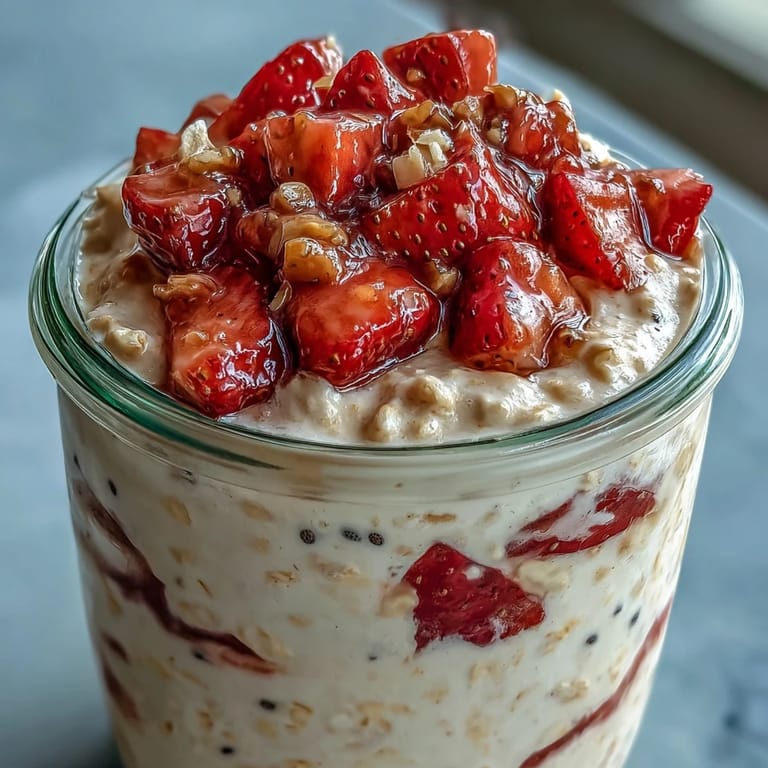 Close-up of strawberry banana overnight oats with chia seeds, creamy texture and vibrant fruit layers in a breakfast jar.