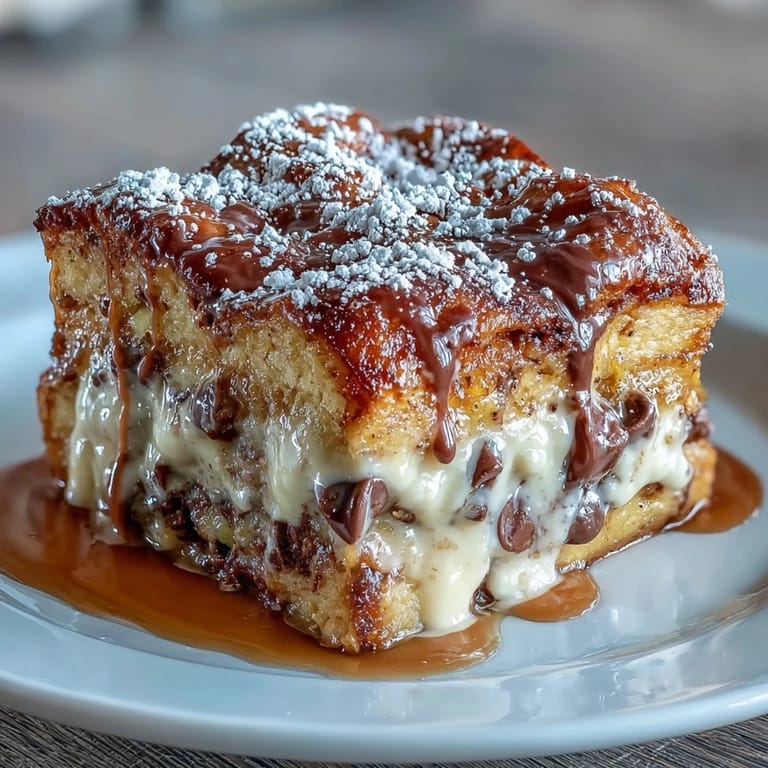 Decadent chocolate croissant bread pudding topped with powdered sugar, served with fresh berries.