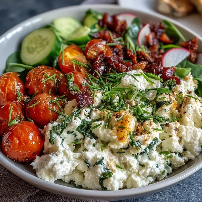 Wholesome cottage cheese breakfast bowl featuring tender spinach, juicy tomatoes, and crunchy radish slices, seasoned with smoked paprika and fresh herbs.