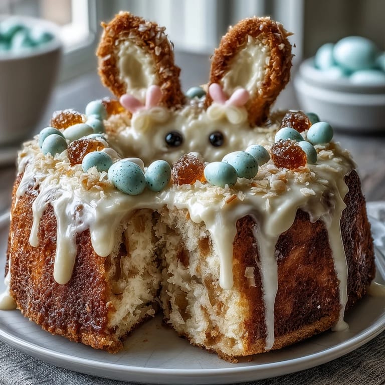 Whimsical vanilla cake shaped like an Easter bunny, topped with fluffy coconut frosting and candy decorations.  