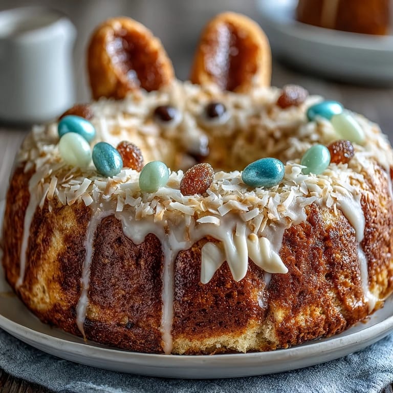 Adorable bunny-shaped cake with coconut frosting, decorated with jelly beans, licorice whiskers, and marshmallow cheeks.