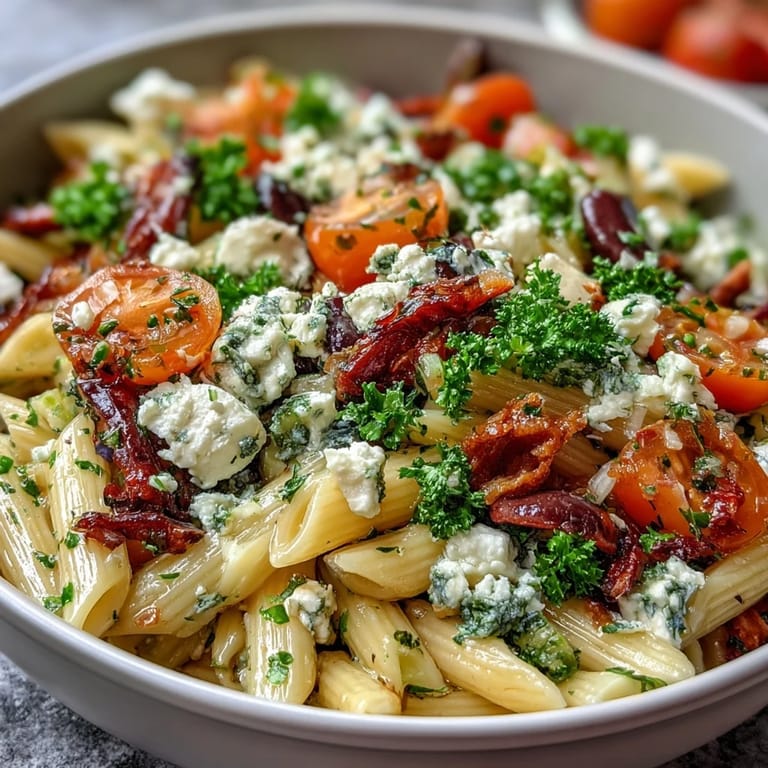 Colorful Greek pasta salad featuring creamy feta, briny olives, and crisp veggies—perfect for summer picnics.