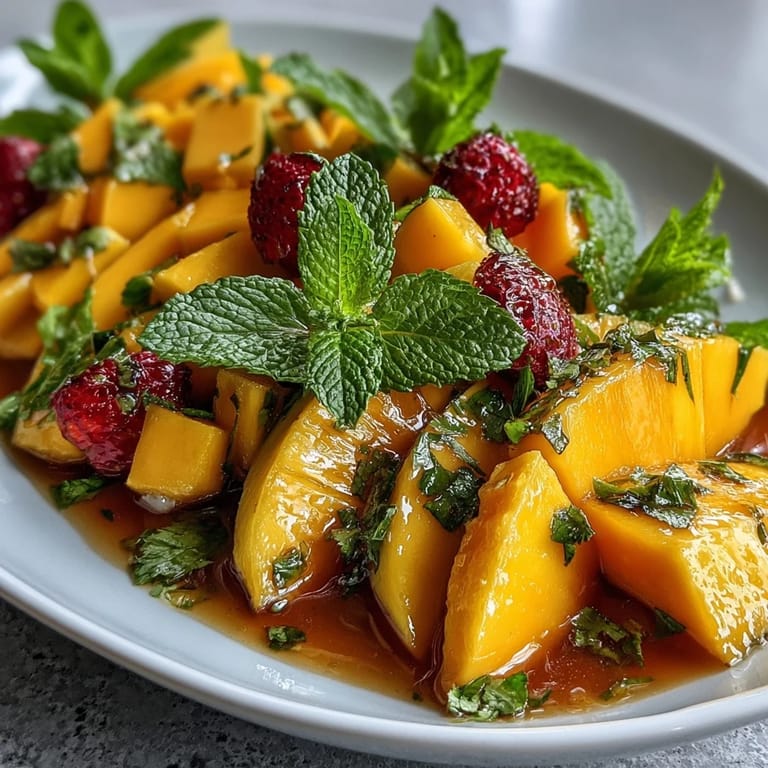 Festive fruit centerpiece featuring juicy mangoes, golden pineapples, and fresh berries, garnished with mint and lime for a refreshing party treat.