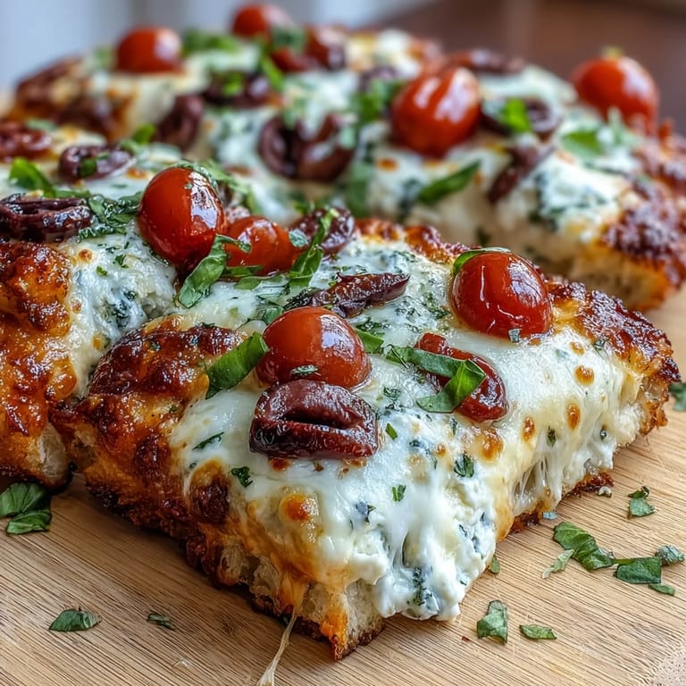 Wholesome cottage cheese flatbread pizza topped with juicy tomatoes, spinach, and black olives for a satisfying meal.  