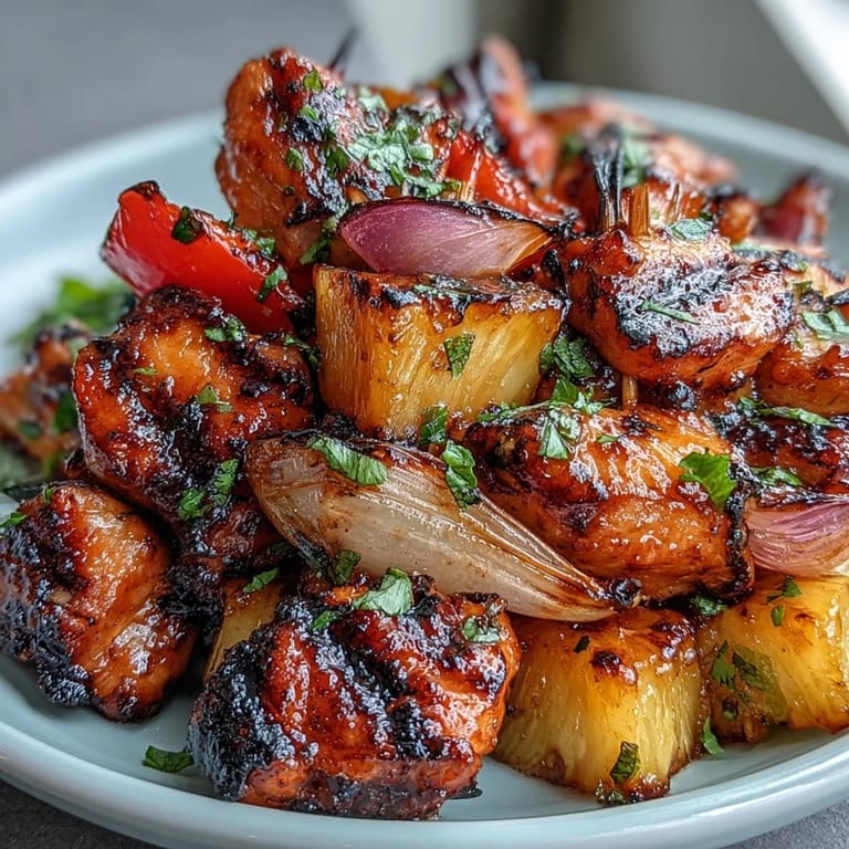 Tropical Grilled Pineapple Chicken Skewers featuring tender chicken, sweet pineapple, and colorful bell peppers sizzling over flames.