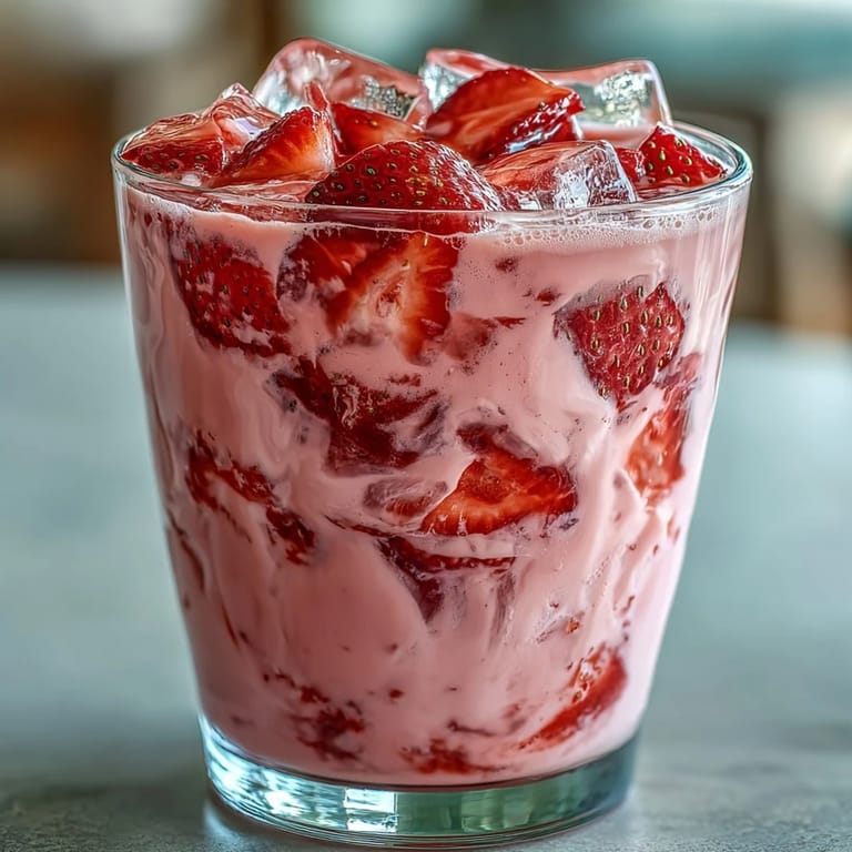Creamy, icy Pink Starburst Refresher featuring coconut milk, strawberry acai juice, and fresh fruit—a perfect summer sip.