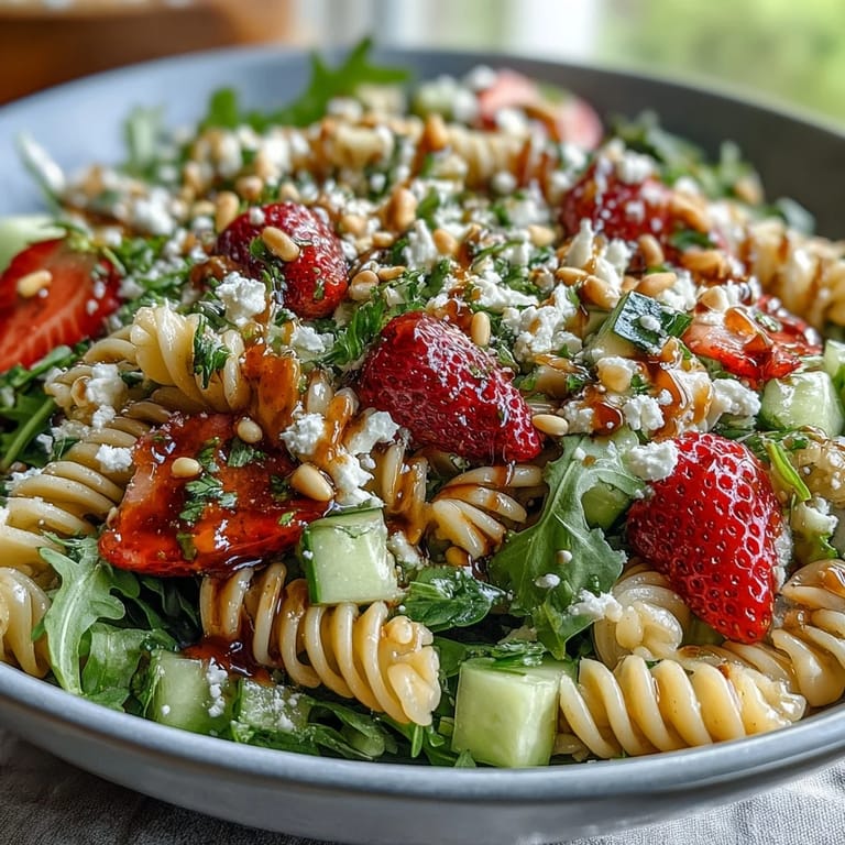 Light and refreshing spring pasta salad featuring sweet strawberries, tangy feta, and peppery arugula.  