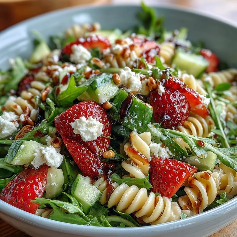 Perfect for picnics or potlucks, this spring pasta salad combines strawberries, feta, and arugula.