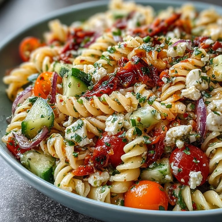 Colorful fusilli pasta salad with crisp vegetables, mozzarella, and zesty Italian dressing, ideal for warm-weather meals.