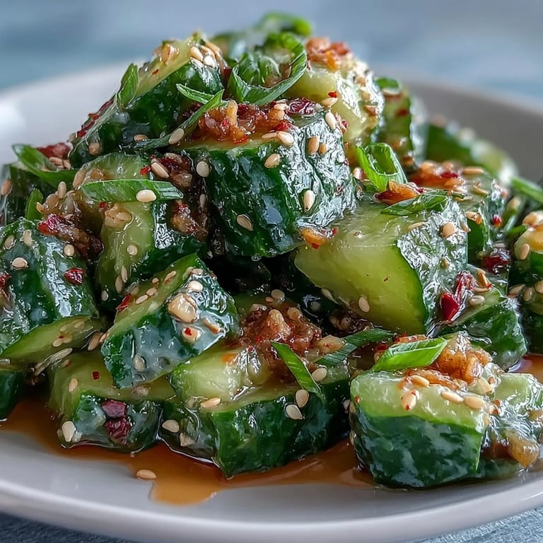 Vibrant Asian-inspired smashed cucumber salad topped with sesame seeds and scallions