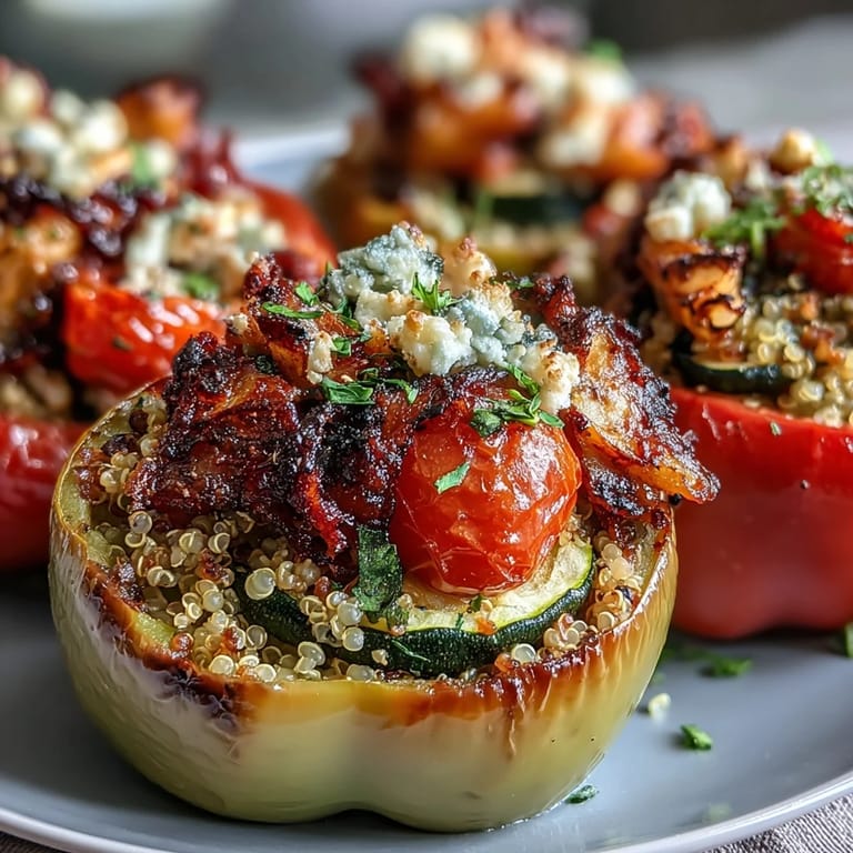 Colorful bell peppers stuffed with fluffy quinoa, smoky paprika, and creamy goat cheese, offering a vibrant Mediterranean-inspired meal that's both satisfying and gluten-free.