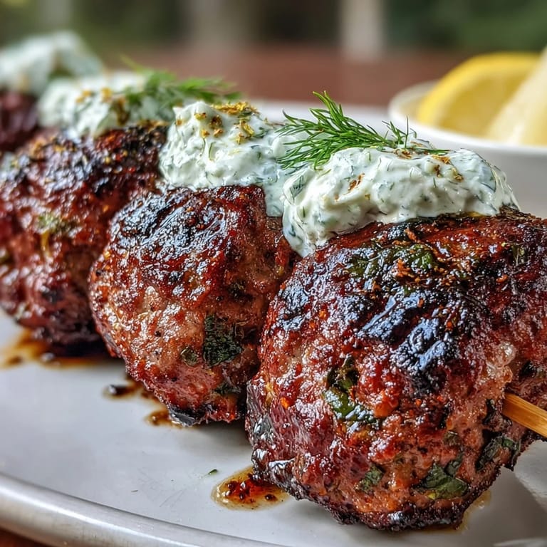 Spiced lamb kofta kebabs grilled to juicy perfection, paired with homemade cucumber-dill tzatziki for a fresh Mediterranean flavor.  