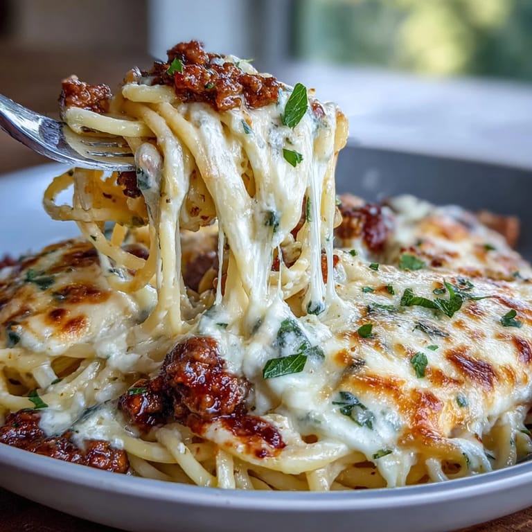 Creamy baked Million Dollar Spaghetti with savory meat sauce and melted cheese, served fresh from the oven in a hearty family-style casserole.