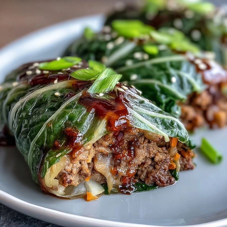 Napa cabbage leaves wrapped around Korean-seasoned ground beef, steamed to perfection and ready for dipping.