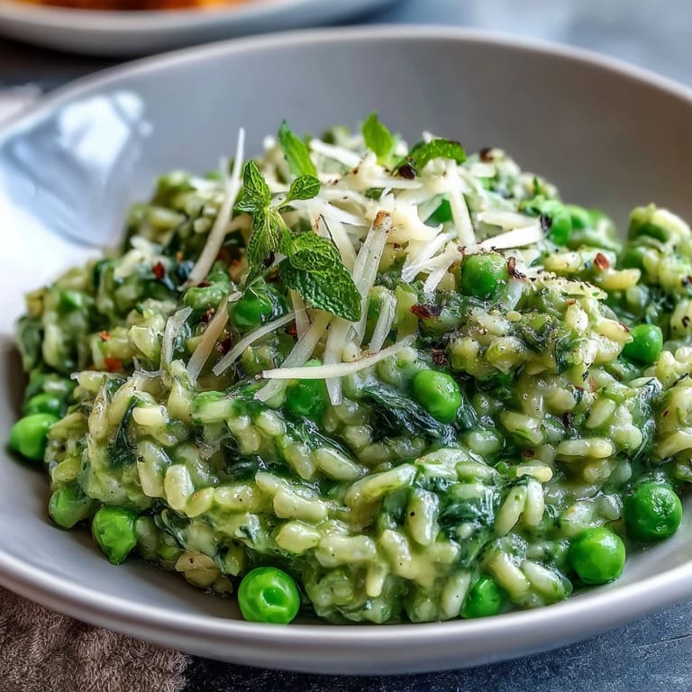 Vibrant green pea risotto topped with aged Parmesan and fresh mint for a fresh spring dinner.