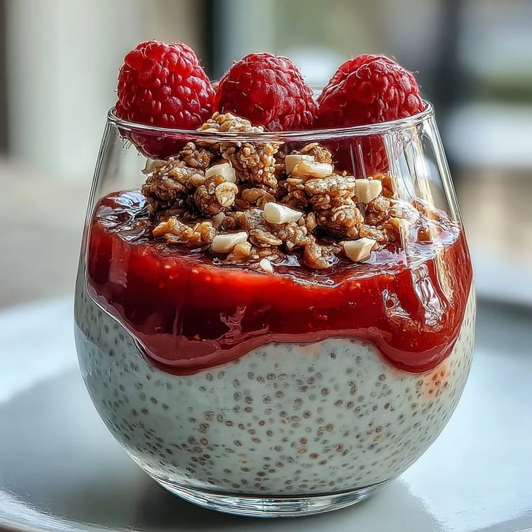 Bright and zesty lemon chia pudding parfait, layered with granola and fresh raspberry compote for a delightful treat.