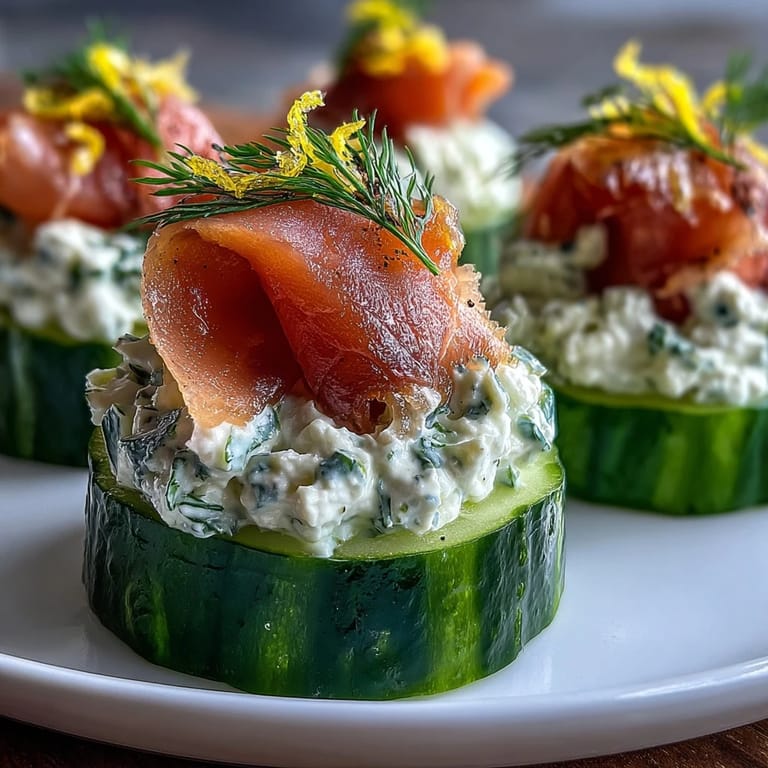 Crisp cucumber rounds layered with creamy herbed cheese and savory smoked salmon, perfect for effortless entertaining.  