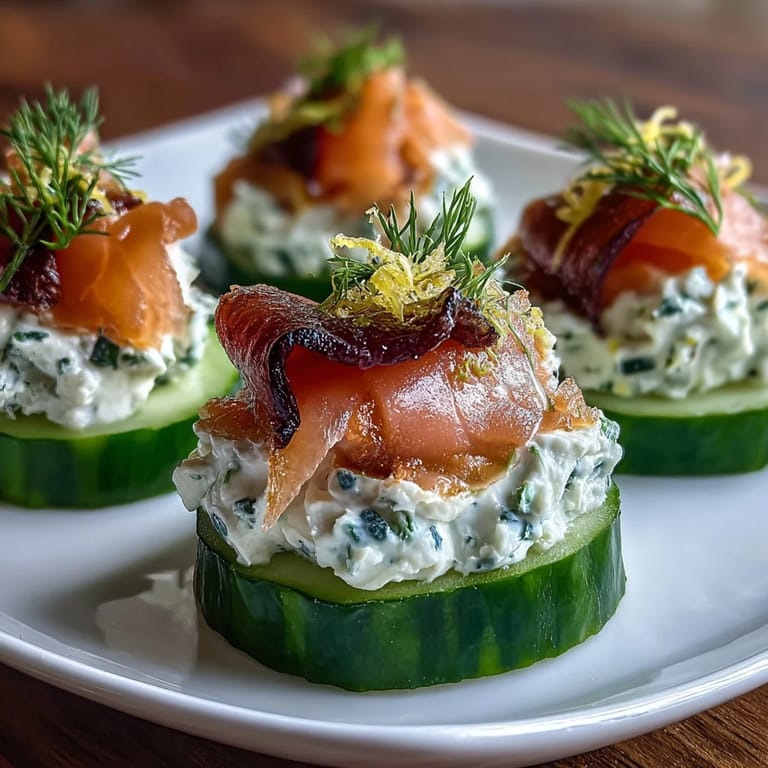 Bite-sized cucumber appetizers featuring smooth cream cheese spread and smoked salmon, garnished with fresh dill for a party-ready platter.