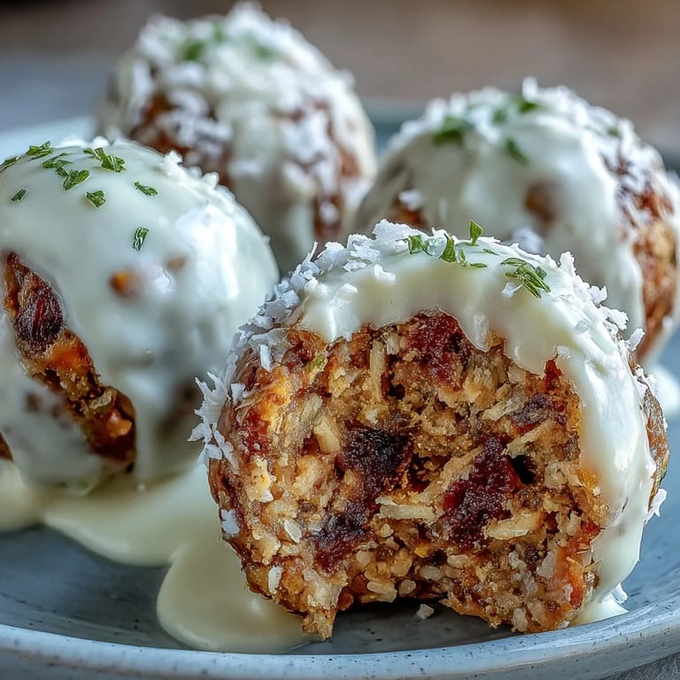 No-bake carrot cake bliss balls rolled in coconut, bursting with cinnamon and nutmeg flavor.  