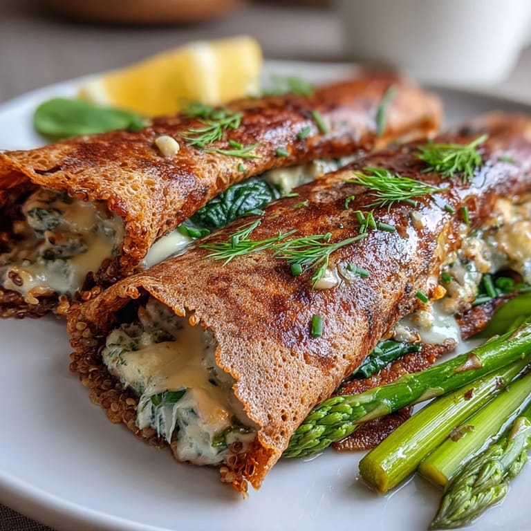 Golden buckwheat crepes wrapped around a colorful medley of asparagus, sugar snap peas, and zucchini with herbed ricotta filling.
