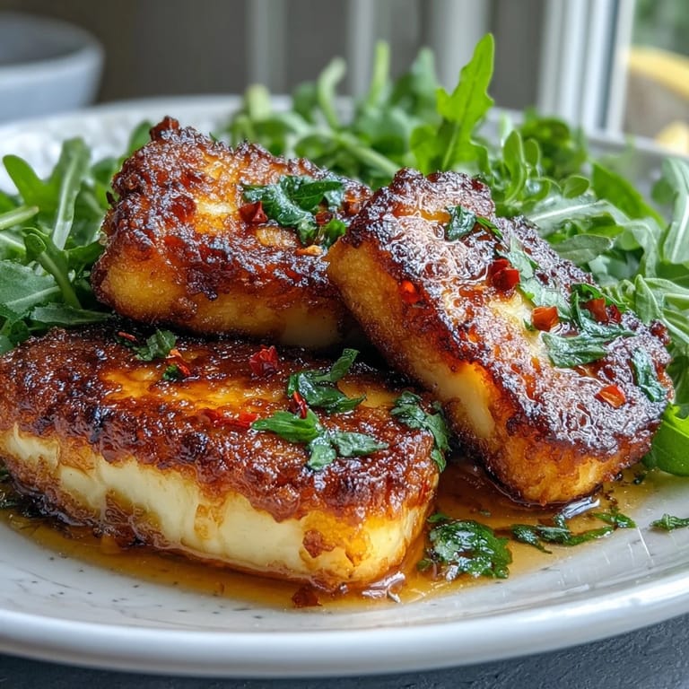 Hot honey halloumi recipe featuring pan-seared cheese with a glossy, chili-spiced honey glaze, perfect for vegetarian appetizers or light meals.