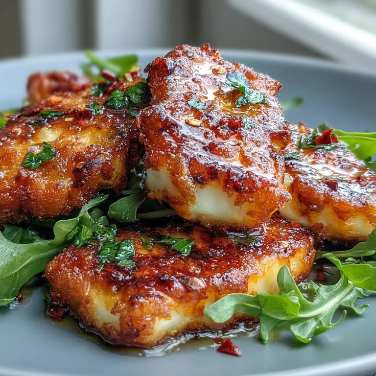 Savory halloumi slices caramelized to golden perfection, topped with vibrant hot honey and fresh greens, ideal for gluten-free entertaining.