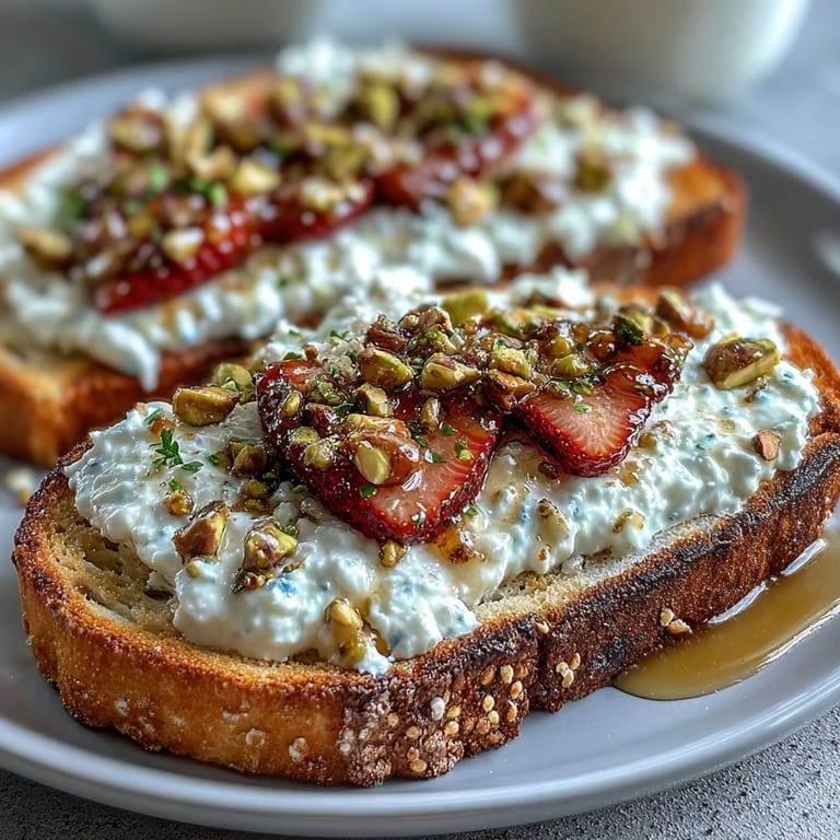 Vibrantly topped Strawberry Honey Ricotta Toast, ready to be served.