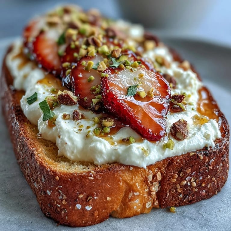 Elegant Strawberry Honey Ricotta Toast with crunchy pistachios and fresh berries.