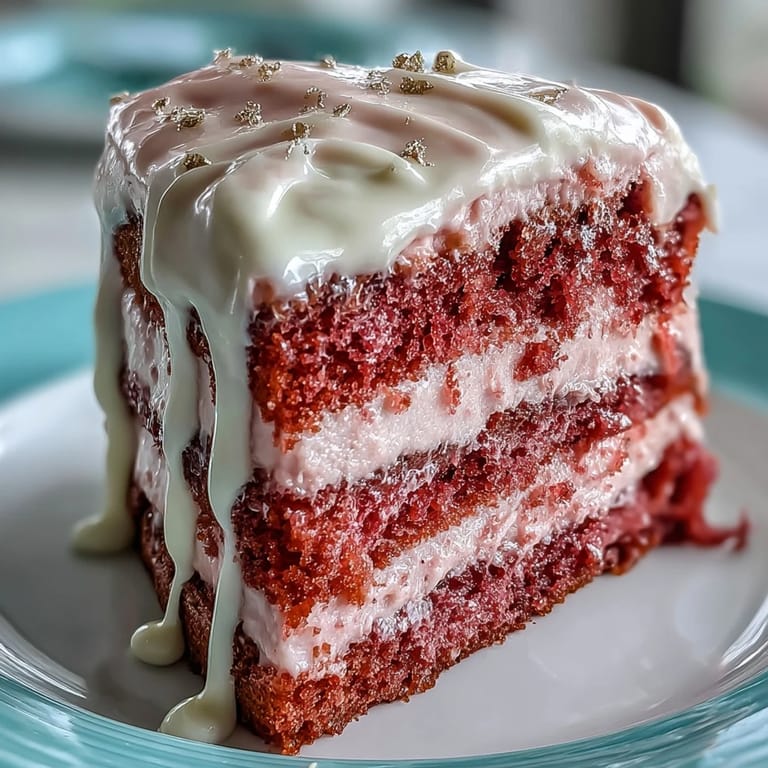 Close-up of a moist Bridal Shower Rosé Velvet Cake, showcasing its smooth gold ganache.