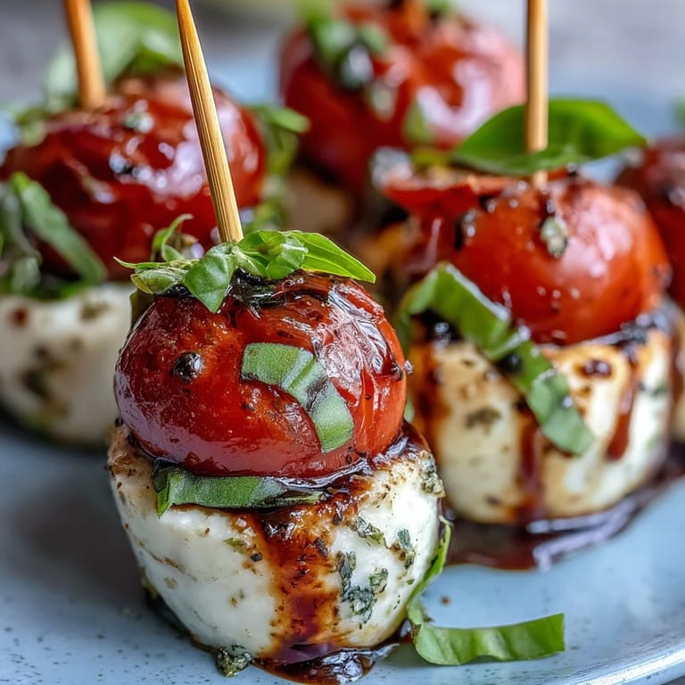 Vibrant Caprese skewers appetizer beautifully arranged, a refreshing and easy Italian-inspired treat.