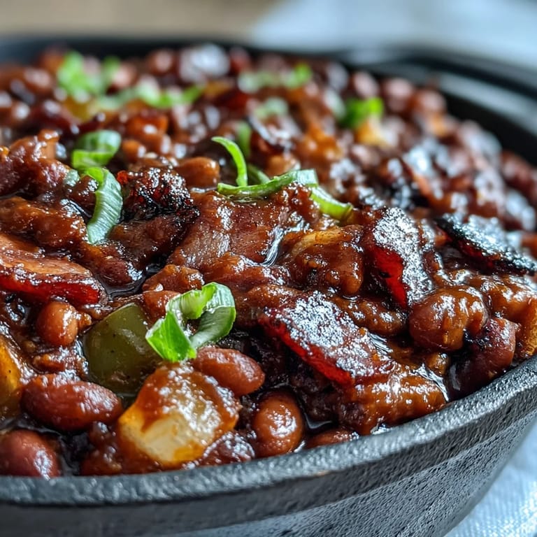 Smoky-sweet Juneteenth BBQ baked beans with tender bacon, ready to serve.