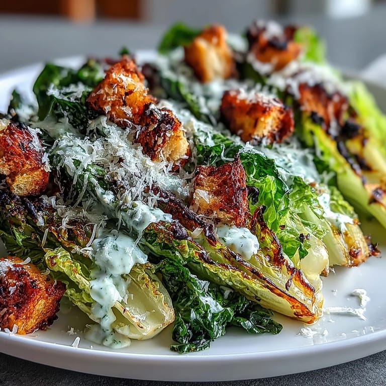 Delicious grilled Caesar salad, a smoky char on crisp romaine, perfect for dinner.