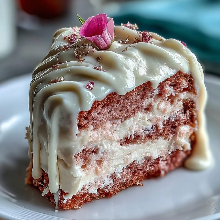 Elegant pink velvet cake with rosé wine and decadent gold drip.