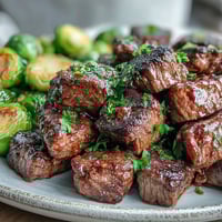 Golden-brown steak bites glistening in lemon garlic butter, served with charred, caramelized roasted Brussels sprouts.