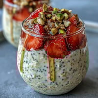 A creamy jar of strawberry and pistachio overnight oats topped with fresh berries and crunchy nuts, drizzled with golden honey.