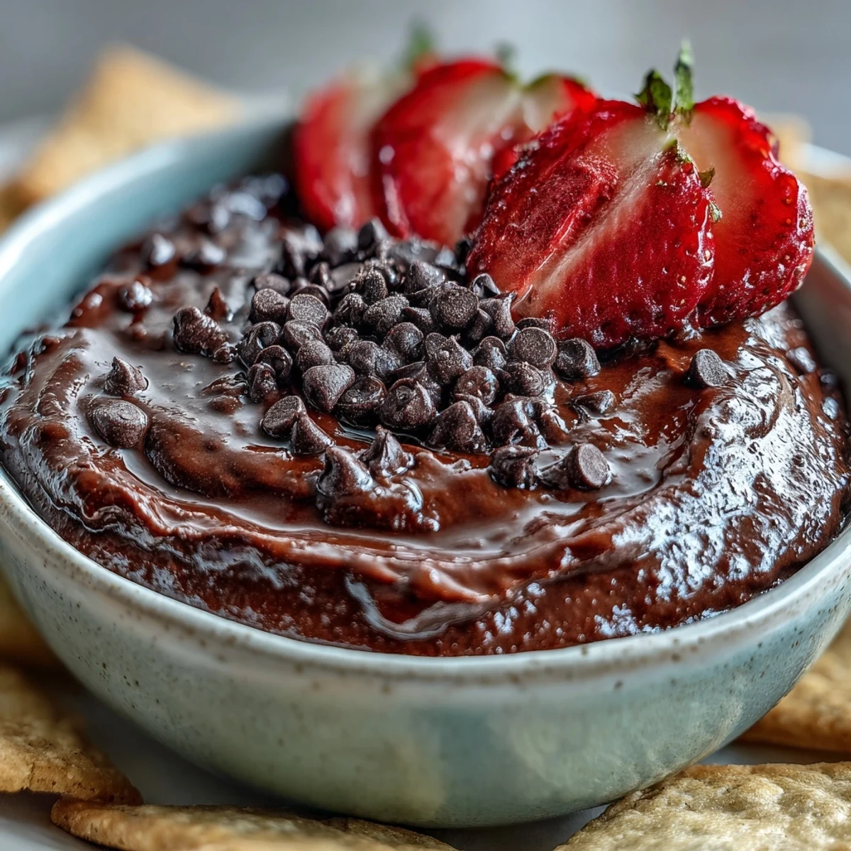 Creamy cottage cheese brownie batter dip topped with mini chocolate chips, served with fresh strawberries and apple slices for a healthy dessert.  