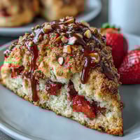 Golden brown butter scones studded with fresh strawberries and crunchy almond slices, perfect for a cozy breakfast or elegant brunch.