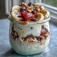 Fluffy Yogurt Banana Split Breakfast Jar with fresh berries and granola in a clear glass jar.