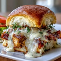 Miniature Derby Day Hot Brown sliders with turkey, bacon, and creamy Mornay sauce on soft rolls, baked until golden and bubbling.