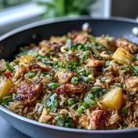 Vibrant Hawaiian pineapple chicken fried rice with tender chicken, colorful vegetables, and sweet pineapple in a savory soy-sesame glaze.  