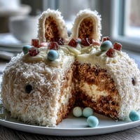 Festive Easter Bunny Cake with Coconut Frosting, perfect for spring celebrations and kids' parties.  