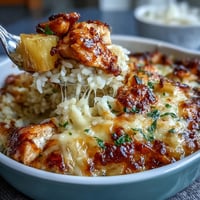 Golden pineapple chicken casserole with melted cheese topping, juicy fruit, tender chicken, and fluffy rice in one dish.