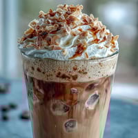 Creamy vanilla bean frappuccino with toasted coconut foam, perfect for cooling down on a hot summer day.